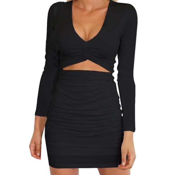 

casual dresses women close-fitting hollow out dress, solid color long sleeve plunging neckline spring autumn, Black;gray