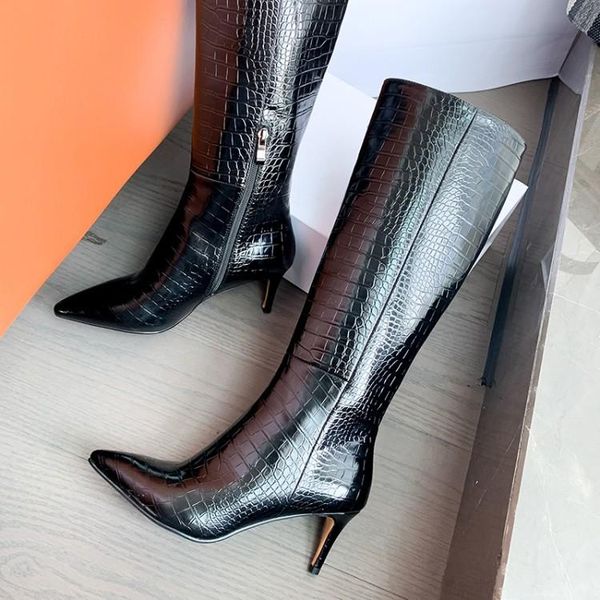 

boots pointed toe women knee high black leather autumn long knight botas 7cm thin heels motorcycle botines femmes