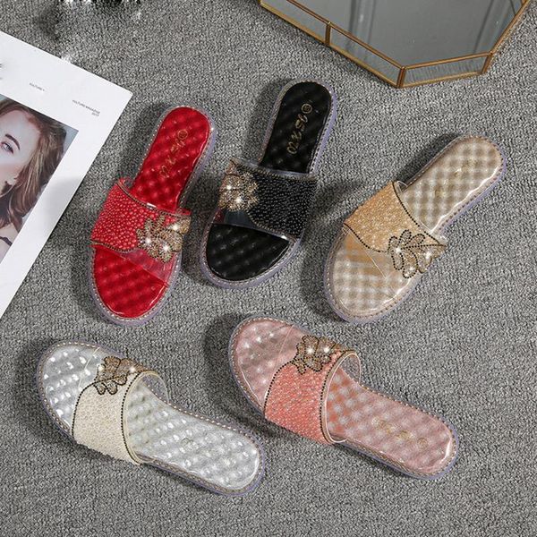 

slippers women's flat shoes ladies fashion girls bling crystal pearl slipper casual female 2021 chaussures femme, Black