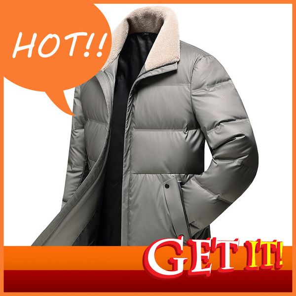 

leshbert winter down jacket men's medium and long fashion wool collar middle-aged young warm, Black
