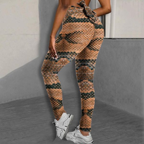 

women snakeskin print stretch fitness trousers ladies high waist bownot elastic yoga pants sport leggings pantalones de muje outfit