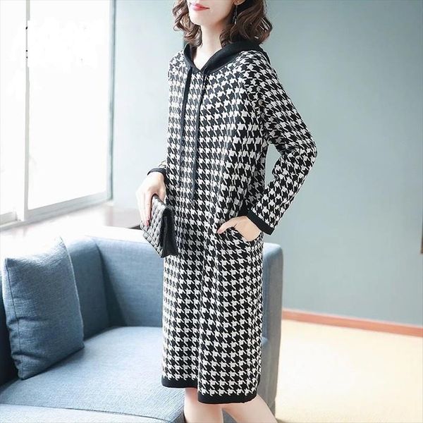 

spring autumn elegant hooded women dresses collar printed long sleeve loose casual ss3636, Black;gray