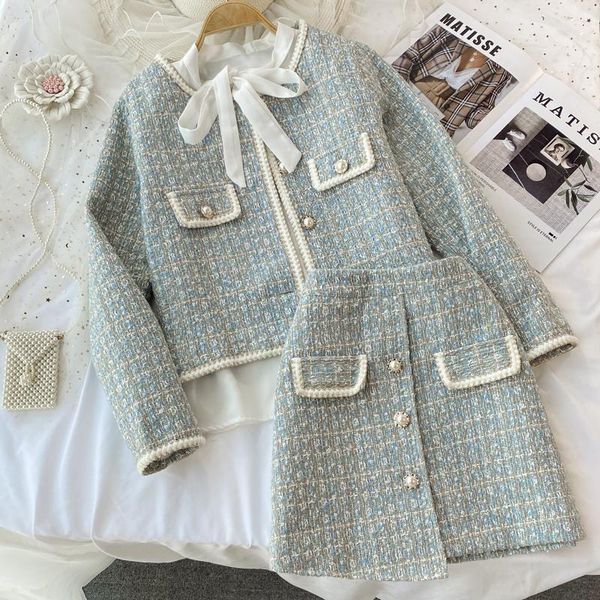 

two piece dress ladies tweed jacket three-piece suit bow tie shirt irregular hip skirt women, White