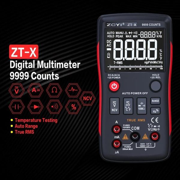 

multimeters zt-x digital multimeter auto range true rms ac/dc volt amp ohm capacitance duty cycle ncv diode temperature tester 9999 counts