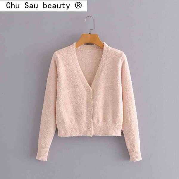 

long-sleeved knitted cardigan outside sweater women casual chic solid loose v-neck single-breasted short coat 210514, White