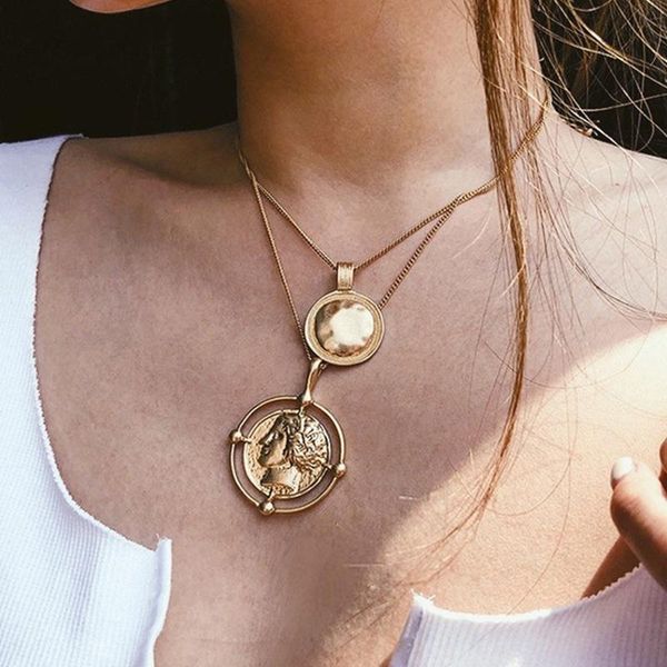 

vintage gold color carved coin necklace figure medal long chain double layered pendant women choker chains, Silver