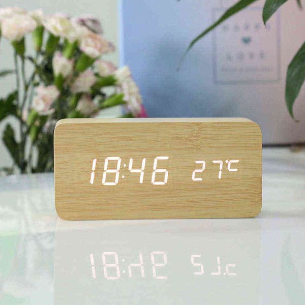 Orologio a LED Sveglia in legno Indicatore di umidità della temperatura luminoso Doppio display Sveglia da tavolo da tavolo USB Orologi in legno 211112