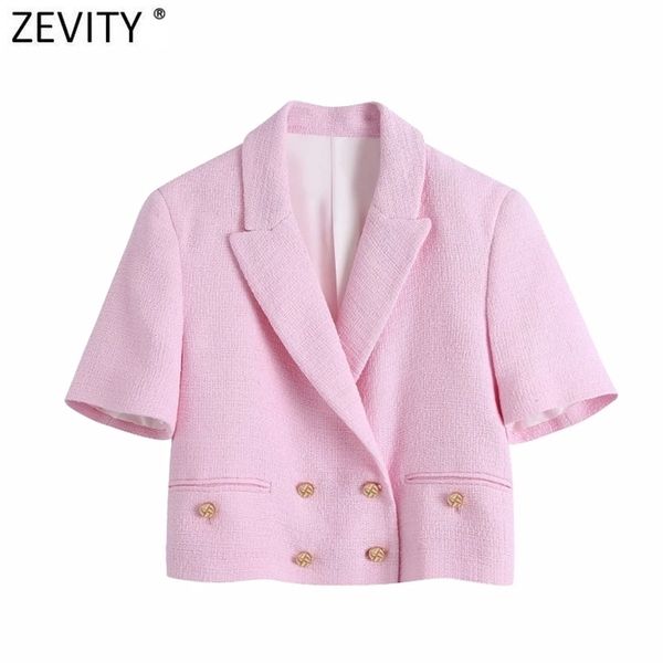 

zevity women sweet double breasted notched collar pink tweed woolen short blazer coat vintage female outerwear chic ct681 211027, White;black