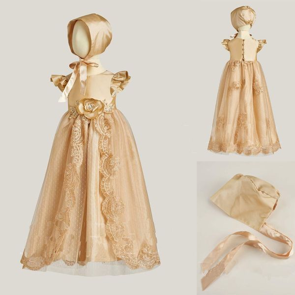 İlk Communion Elbiseler Kısa Kollu Vaftiz Elbise Bebek Için 3D Çiçekler Dantel Aplike Boncuk Bonnet Ile Boncuklu Vaftiz