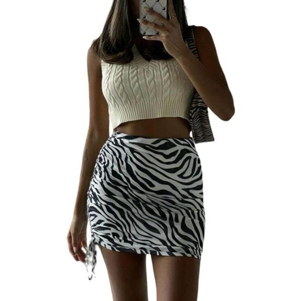 

skirts women's bodycon mini skirt fashion high waist zebra print side drawstring ruched, Black