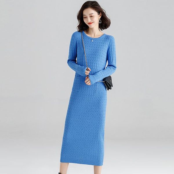 

casual dresses women autumn and winter fashion twisted long sweater dress elegant lady slim knit with pockets, Black;gray