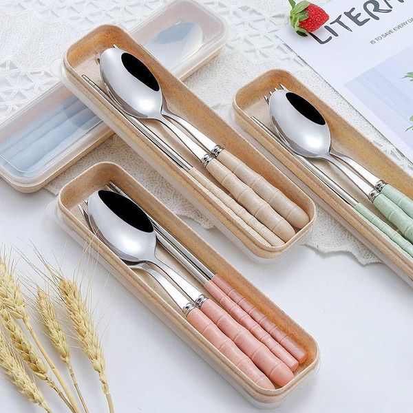 

3pcs/set stainless steel wheat straw chopsticks spoon fork student outdoor travel canteen portable tableware