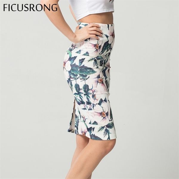 Moda Primavera Estilo Verão Lápis Saia Mulheres Cintura Alta Cintura Vintage Elegante Bodycon Floral Impressão Midi Ficusrong 210621