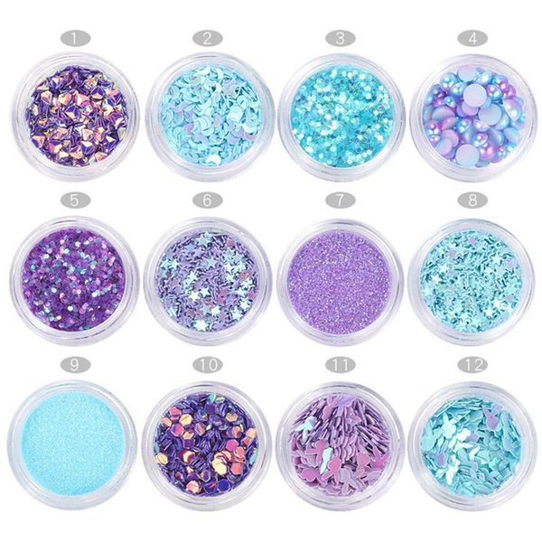 Nail Art Göz Makyaj Lazer Sequins Çıkartmalar Mermaid Yarım Inciler Yıldız Glitter 12 Renkler / Set DIY Çivi Dekorasyon Aksesuarları Araçları