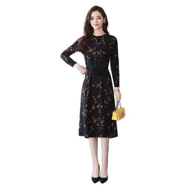 

casual dresses korean women dress s-3xl plum blossom long sleeve 2021 spring bow adjustable waist slim vestido feminina ld816, Black;gray