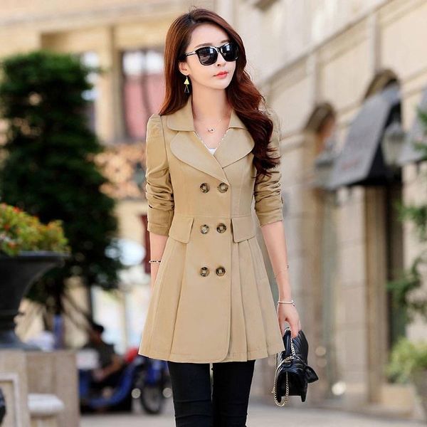 

women's trench coats spring coat for women streetwear turn-down collar double breasted black female plus size 3xl 4xl clothes, Tan;black