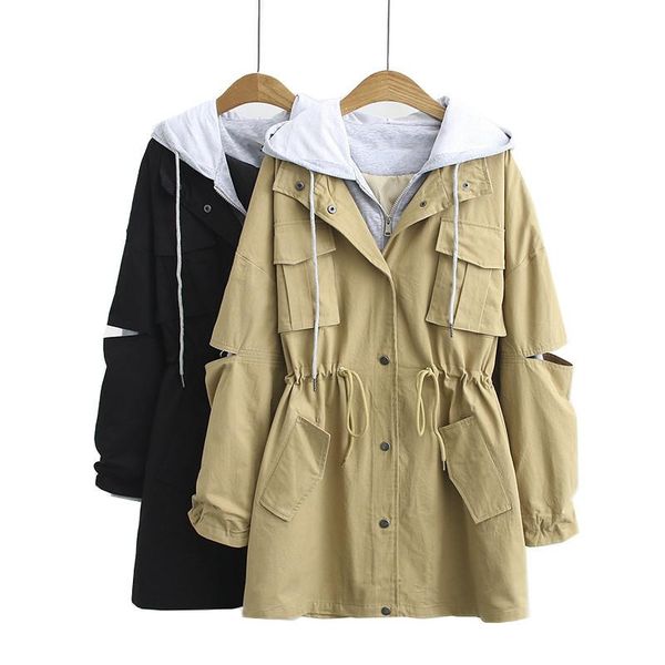 

women's trench coats oversize windbreaker female hooded outerwear spring autumn clothes loose two-piece casual women tooling coat 3xl, Tan;black