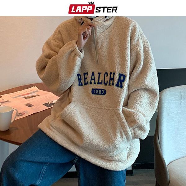 

men's hoodies & sweatshirts lappster men lambswool harajuku zip up hoodie 2021 mens graphic y2k vintage hooded male japanese streetwear, Black
