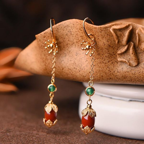 

vintage ethnic natural green red stone beads women earrings retro chinese style drop woman dangle jewelry gift & chandelier, Silver