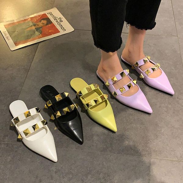 

slippers 2021 spring footwear rivet strap pointed toe flat shoes women mule rocker style slip on comfy slide design, Black