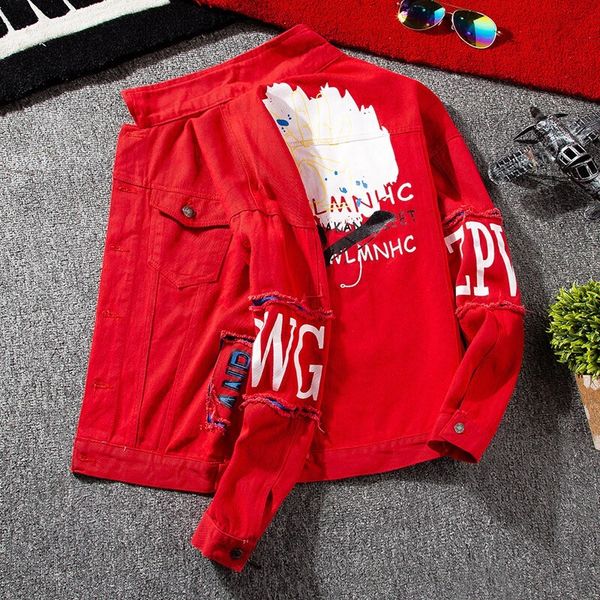 

downs denim red pink purple black casual slim men's harajuku jacket jeans men print