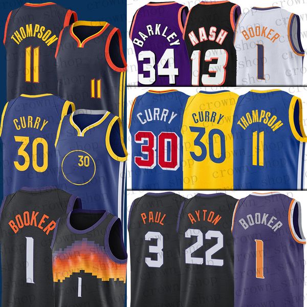 

30 curry basketball jersey klay thompson devin deandre booker charles steve barkley nash chris stephen paul ayton, Black;red