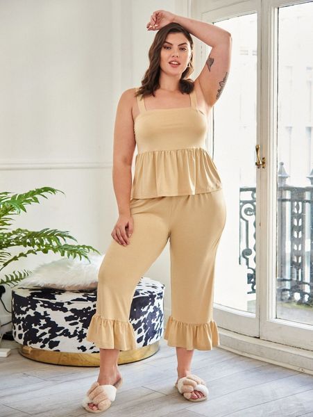 

plus peplum cami & ruffle hem pants pj set h0qb#, Black;white
