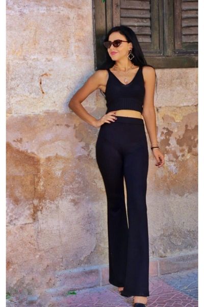 

women's leggings black super high waist full elastic flared trousers 9651