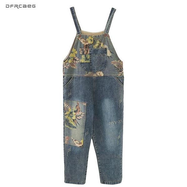

women's jumpsuits & rompers oversize vintage jeans pants woman 2021 summer printed flower overalls trousers ladies suspenders denim, Black;white