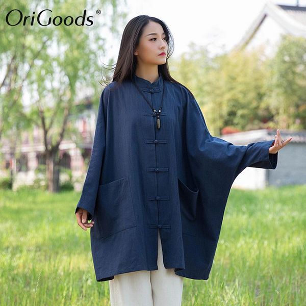 

origoods oversized shirt women chinese style blouse cotton linen long sleeve plus size tai chi clothes b294 women's blouses & shirts, White