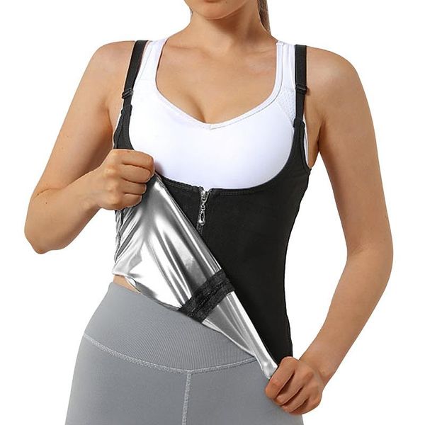 

women's shapers women body fat burning sweat shaper sauna fitness vest gym tank shirts suit for slimming weight loss zipper, Black;white