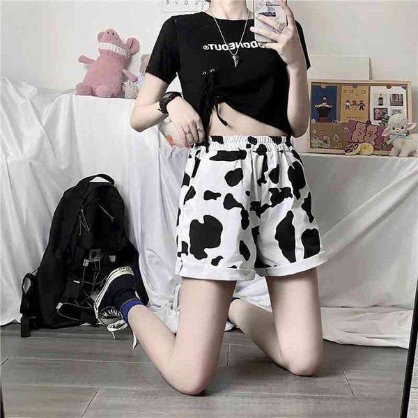 

streetwear cow pattern sport joggers womens shorts sweatpants straight elastic high waist wide leg ootd, White;black