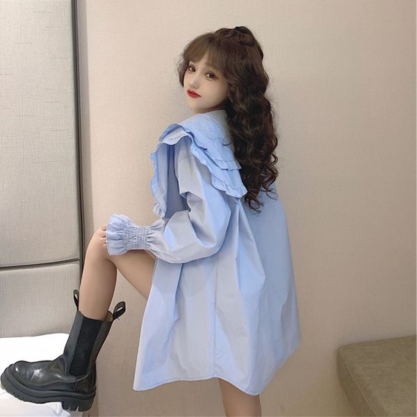

ruffles shirts & blouse plus size blue flare sleeve peter pan collar white student japan style preppy blusas mujer 210429