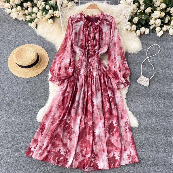 

casual dresses c003 ladies' elegant printed a-line dress round neck slim waist long sleeve vintage clothing korean vestido de mujer, Black;gray