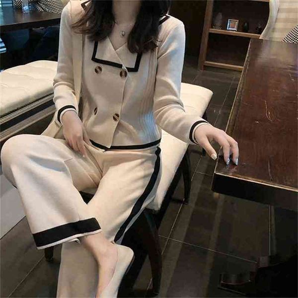 

autumn 2 piece set women double breasted sweater turn down collar long sleeve cardigan+wide leg full length pants knit 210519, White