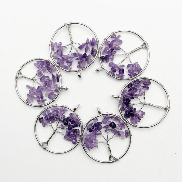 

charms amethysts fashion 4cm 6pcs tree of life healing natural stone pendant for jewelry making chakra reiki accessories, Bronze;silver