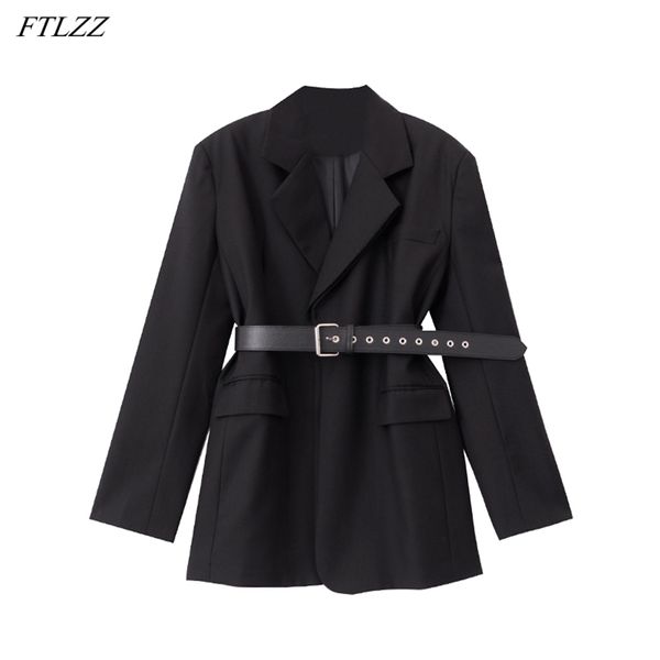 Frühling Ankunft Büro Damen Vintage England Solid Black Blazer Frauen Elegante Einreiher Schärpen Dünne Anzug Jacken 210430