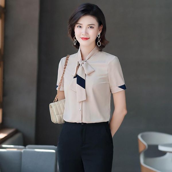 

women's blouses & shirts 2021 summer blouse ladies fashion chiffon color matching bowknot temperament short-sleeved multicolor casual w, White