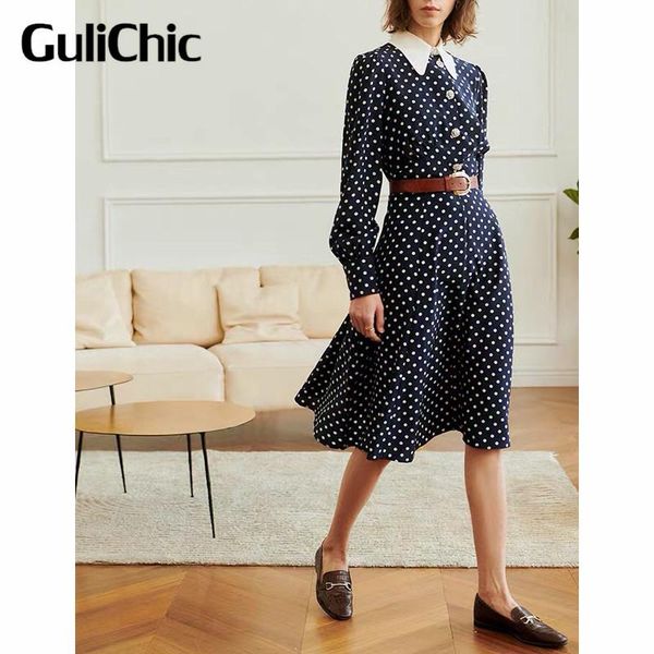 

casual dresses 7.1 high end quality temperament luxury diamonds button contrast color lapel polka dot silk dress women, Black;gray