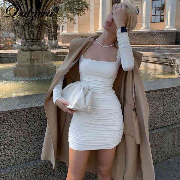 

ruched solid women long sleeve mini dress bodycon party elegant streetwear autumn winter club white clothes, Black;gray