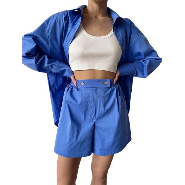 

women's tracksuits womens two peice sets spring autumn solid color turn-down collar long sleeve single-breasted shirt + shorts fashion, Gray