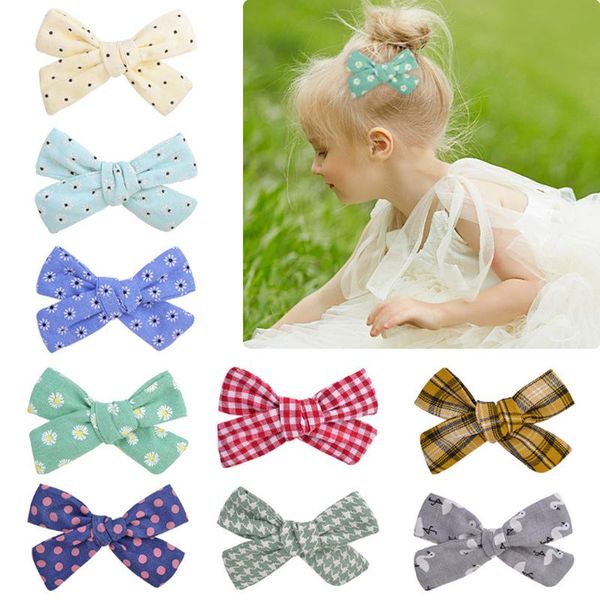 

cotton print bows hairpins for baby girls small daisy lattice hair clips sweet barrette accessories, Slivery;white