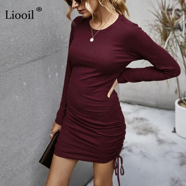 

liooil knitted ruched mini dress women 2021 fall drawstring long sleeve o neck female autumn solid tight fitted dresses casual, Black;gray