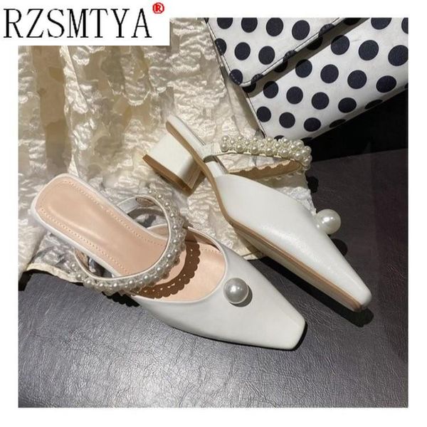 

summer women mules shoes elegant black white ladies pumps pointed toe pearl thick heel slip-on female fashion footwear slippers