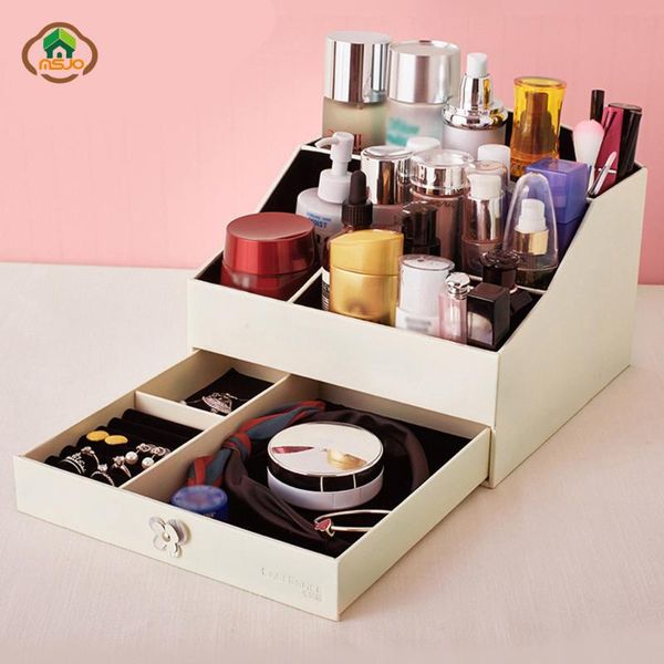 

msjo makeup organizer box jewelry drawers storage with cosmetic pu leather nail polish lipstick necklace ring boxes & bins