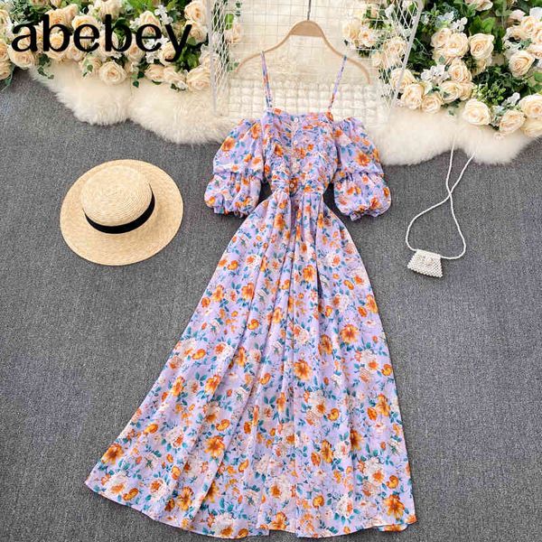 

bohemian floral strap dress women summer korean puff sleeve a-line off shoulder holiday beach midi es 210512, Black;gray