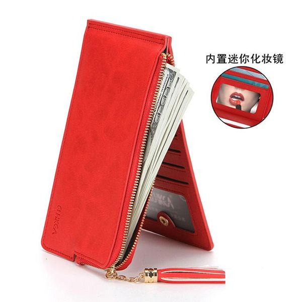 

wallets fashion women's wallet long zipper tassels clutch mini makeup mirror purse, Red;black