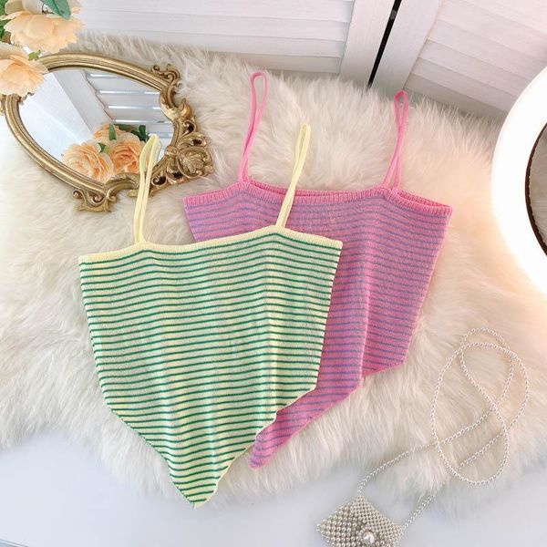 

women's tanks & camis singreiny design irregular strap women sleeveless slim y2k 2021 summer off shoulder stripe knitted short cam, White