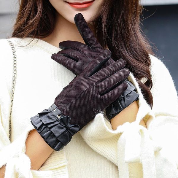 

five fingers gloves autumn winter women genuine sheepskin leather warm full finger black ruffle plus velvet mittens s2566, Blue;gray