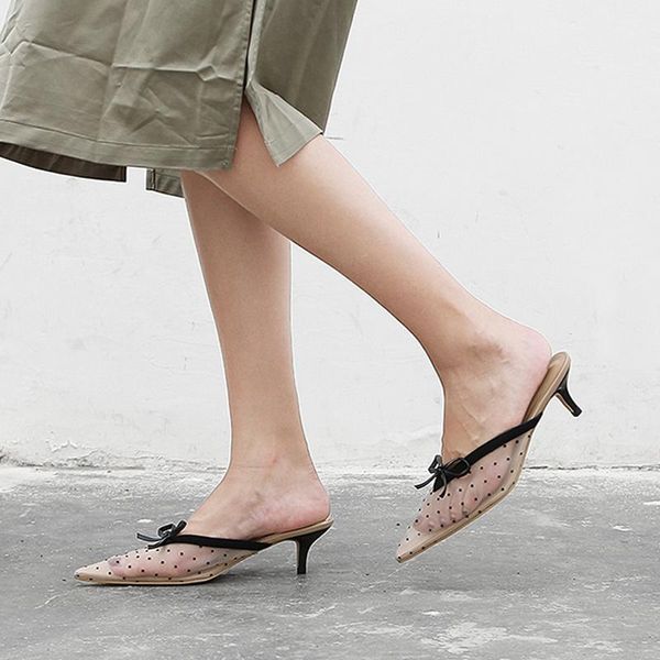

apricot lace women mule shoes pointed toe bowknot pumps 5cm high heels ladies party black polka dots zapatos mujer dress